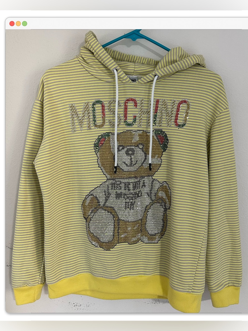 Moschino Women’s  Rhinestone Teddy Bear Logo Striped Hoodie Yellow/Grey No Size